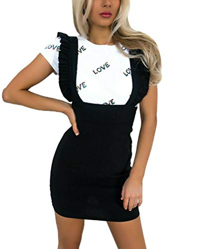 Minetom Damen Mädchen Minirock Latz Rock Trägerrock Kleider Chic Plaid Einfarbig Bodycon Latzkleid Trägerkleid Minikleid A Schwarz 40