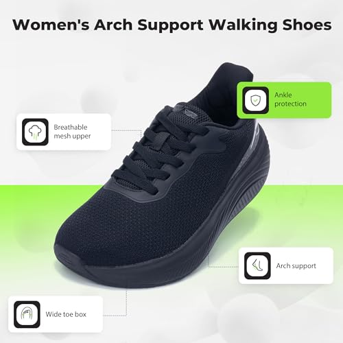 QAUPPE Wide Toe Box Shoes Women Arch Support Walking Sneakers Tennis Sneakers Orthotic Plantar Fasciitis Shoes Black US 112