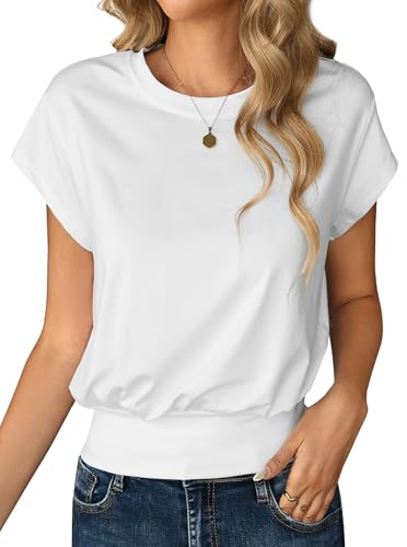 Remidoo Women Batwing Sleeve Crop Top Tee Casual Banded Bottom Cropped T Shirt Tops White Small