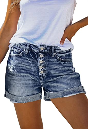 Sovoyontee Damen Sommer Hohe Taille Ausgefranste DenimKurze Hose Zerrissener Destroyed Jeans Distressed Hot Pants Blau L