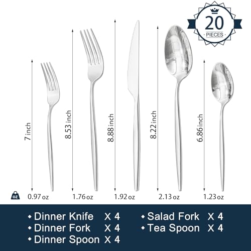 KINGSTONE Silverware Set, 20-Piece Flatware Set Cutlery Set Premium 18/10 Stainless Steel, Tableware Include Forks Knives Spoons for Home Kitchen Restaurant Wedding, Dishwasher Safe - Image 3