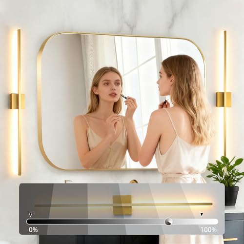 Image of Wall Sconces Set of Two, LED Dimmable Sconces Wall Lighting, Brushed Gold Modern Wall Sconce Light for Bathroom, Living Room, Bedroom, Hardwied 3000K 40''