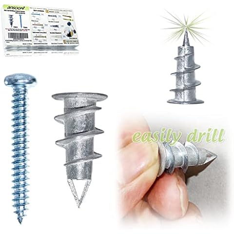 Ansoon #8 Self-Drilling Drywall Anchors with Screws Kit - Hollow-Wall Anchor and Screw for Drywall, Plaster, Sheetrock, Hollow Door Wall Hanging and Mounting with Case (Tri-Pointed Tail) Cover