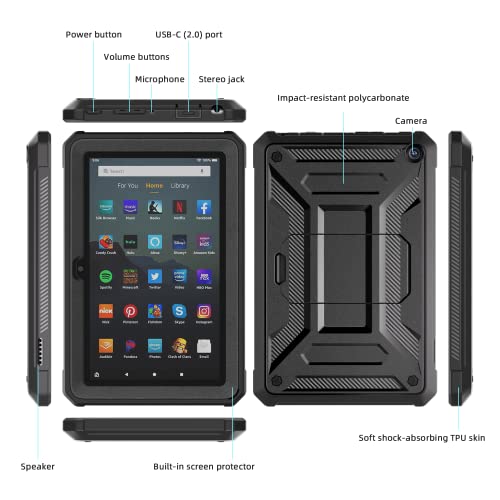 All-New Kindle Fire 7 Tablet Case (12Th Gen, 2022 Release) - Dj&Rppq Lightweight Armor Series Full Body Rugged Hands-Free Viewing Stand With Screen Protector For Amazon Fire 7 Kids Tablet - Black #TOP2