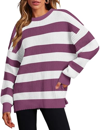 Image of Zeagoo Women 2026 Fall Lightweight Oversized Sweater Crew Neck Long Sleeve Color Block Pullover Rib Knit Blouse Tops XS-2XL