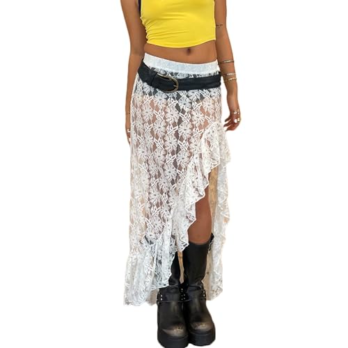 Women Y2k Lace Maxi Skirt Summer Sexy See Through Long Lace