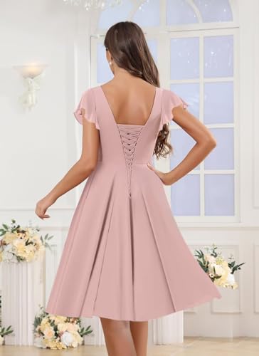 AUMEELAM Chiffon Short Bridesmaid Dress for Women V-Neck Short Ruffled Sleeves Formal Evening Dresses4
