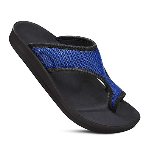 Image of AEROTHOTIC Comfortable Flip Flops for Women with Arch Support Soft Padded Mesh Straps with Breathable Footbed Slip On Footwear Indoor Outdoor Travel Beach walking Sandals Women