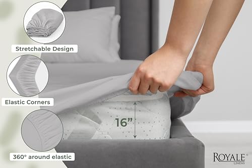 Image of Royale Linens 100% Organic Cotton Full Fitted Sheet Only - Percale Weave - Super Soft Deep Pocket Bottom Sheets - Silver Elastic Sheet - Full Size Fitted Sheets Only - (54 inchx75 inch+15 inch, Silver)