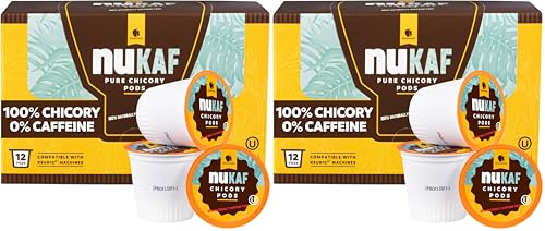 nuKAF Chicory Coffee K Cups, 100% Caffeine Free Coffee Alternative, All Natural K Pods for your Keurig, Great for Your Daily Drink, Rich in Prebiotics, Kosher, by Gourmanity (12 count) (Pack of 2)