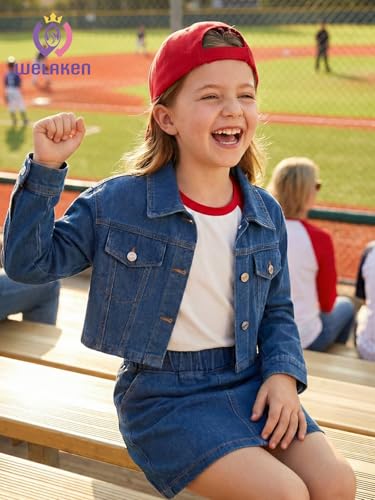 Image of WELAKEN Girls 2-Piece Cropped Denim Jacket Skirt Set | Decorative flap pocket cropped jacket、Elastic waist skirt with pockets、Soft cotton denim set
