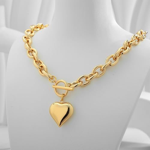 WOWORAMA Gold Chunky Chain Necklace for Women Puffy Heart Pendant Necklace White Gold Thick Chunky Chain Link Necklaces Heart Coin Choker Necklace3