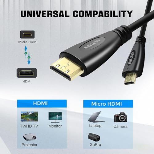 Image of BLACK CROWN 1.5M Micro Hdmi to hdmi Cable Gold Connectors HDMI to MICRO HDMI Cable - Type D to Type A - 1080p Full HD 1.4V