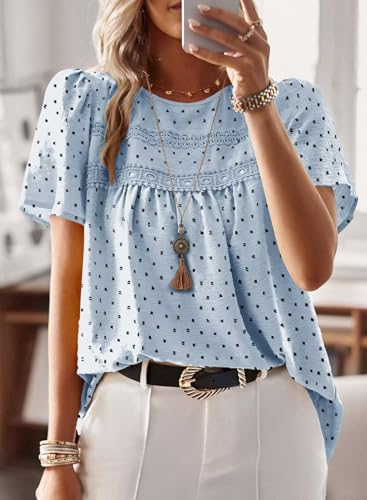 Image of Falechay Womens Summer Tops Crewneck Short Sleeve Shirts Casual Chiffon Blouses Flowy Lace Hem Boho Clothing Trendy 2026