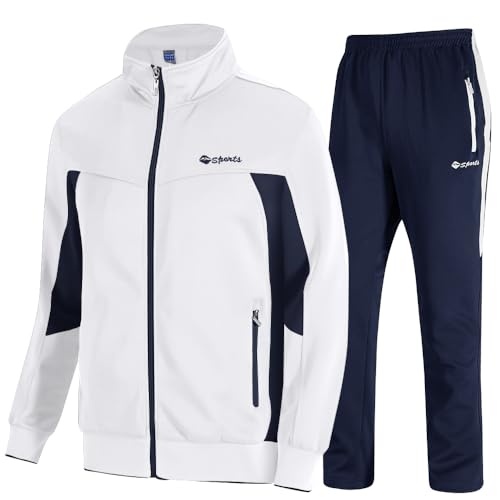 TBMPOY Men's Tracksuits Sweatsuits for Men Set Track Suits 2 Piece Casual Athletic Jogging Warm Up Full Zip Sweat Suits White/Dark Blue XL