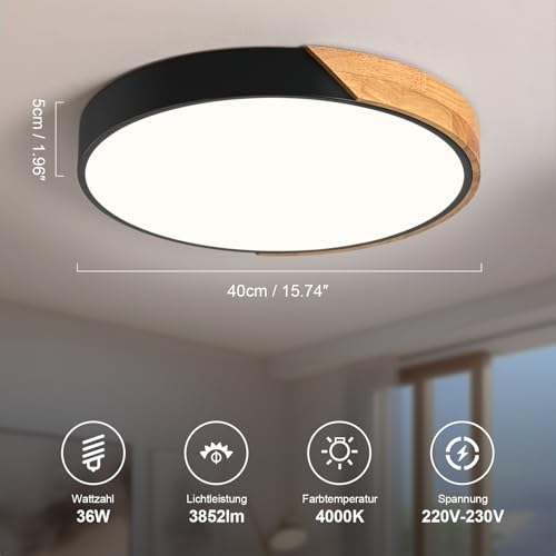 Plafonnier LED rond en bois noir de 40cm pour éclairage de salon