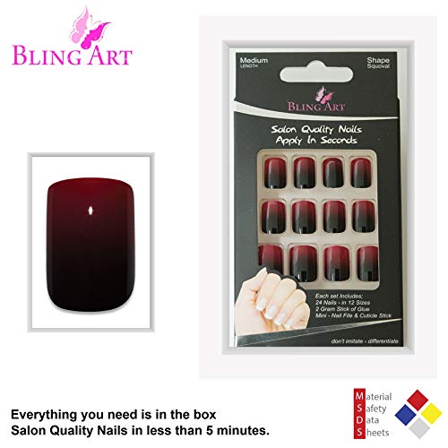 Falsche Nägel Bling Art Rot Schwarz Französisch Squoval 24 Gefälschte Mittel Acryl Tipps – Bild 6