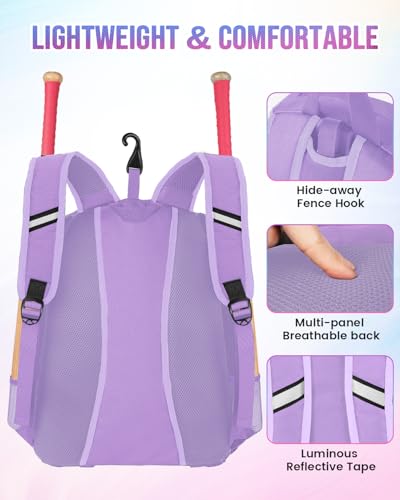 Image of MATEIN Softball Bag, Lightweight Baseball Backpack with Shoe Compartment, Baseball Bag with Fence Hook for TBall Bat & Equipment, Softball Gifts Catchers Backpack for Women Fit Catcher's Mitt, Helmet