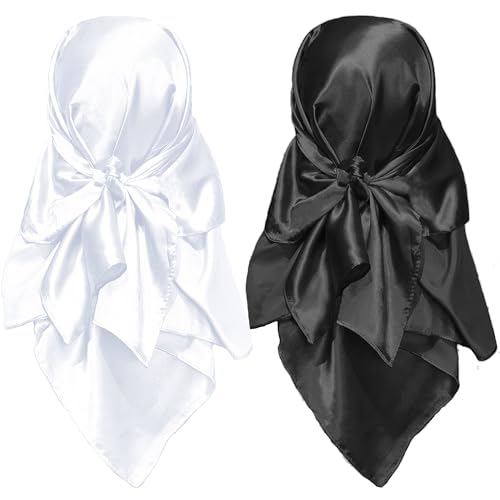 woogwin 2 Pack 35" Satin Silk Like Hair Scarf Bandana Light Head Wraps Neck Face Scarves Cover for Women (2pcs Black+White)
