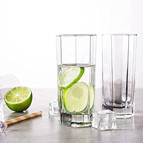 Image of Juice Water Glasses Set of 6,300ml, Transparent Stylish Long Glass Tumbler Plaza High Ball Octagonal Glass (AH-, 6)