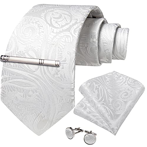 Image of DiBanGu Paisley Ties for Men Silk Necktie and Pocket Square Cufflinks Tie Clip Set Woven Classic Mens Tie for Wedding Party