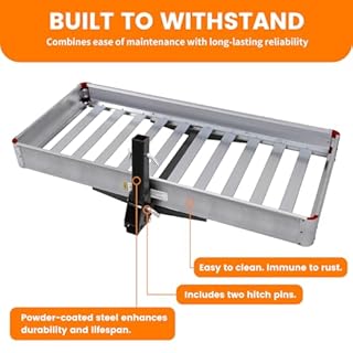 MaxxHaul 50149 500-lb Capacity 50 inch x 22 inch Hitch Mount Premium Folding Aluminum Cargo Carrier Rack Basket with High Side Rails and Reflector Lens for Added Safety