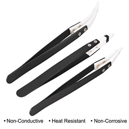 Uxcell Precision Ceramic Tweezers Set Non-Conductive Heat Resistant Anti-Static Straight Round Curved Small Curved Tweezers, 3 Pack #TOP1