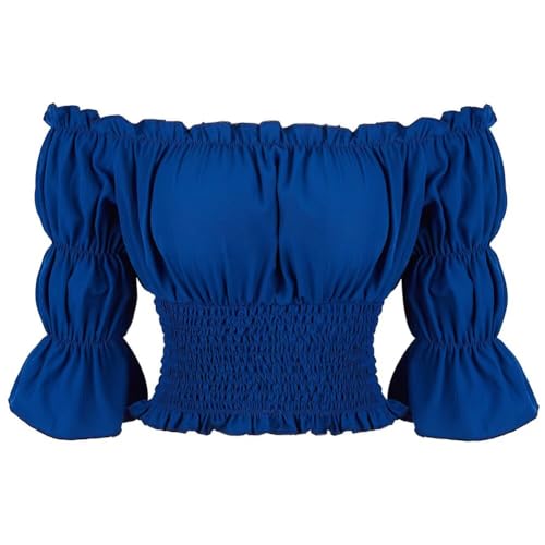 Renaissance Medieval Costume Women Blouses Off The Shoulder Top Pirate Shirt Victorian Viking Gothic Short Sleeve Blue XS