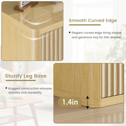 Fluted Nightstand Set of 2, Natural Oak Night Stand with 3 Drawers, Bedside Table with Storage, Mid Century Modern End Table Bedside Table Set, Curved Profile Handleless Design, 25” Wide - Image 5