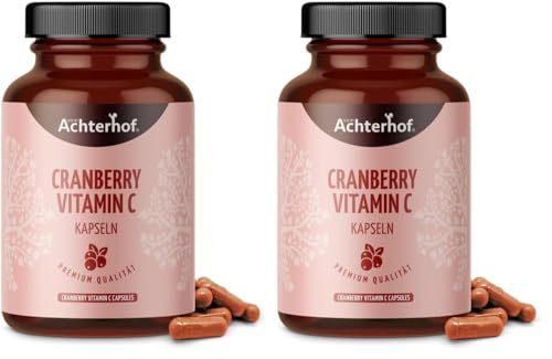 Cranberry Vitamin C Kapseln 180 Stück | mit natürlichem Vitamin C aus der Acerola | bewährte und vegane Pflanzenstoffe | Achterhof (Packung mit 2)