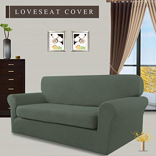 Image of Easy-Going 2 Pieces Stretch Loveseat Couch Sofa Slipcover Washable | Spandex Soft Fitted Sofa Couch Cover for Sofa Furniture Protector with Bottom Kids,Pet Dog Greyish green