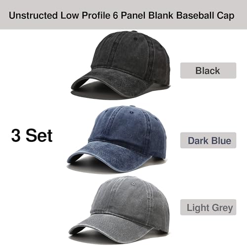 Image of 3 Pack Baseball Cap Vintage Distressed Low Profile Unstructured Cotton Dad Hat Adjustable for Women Men