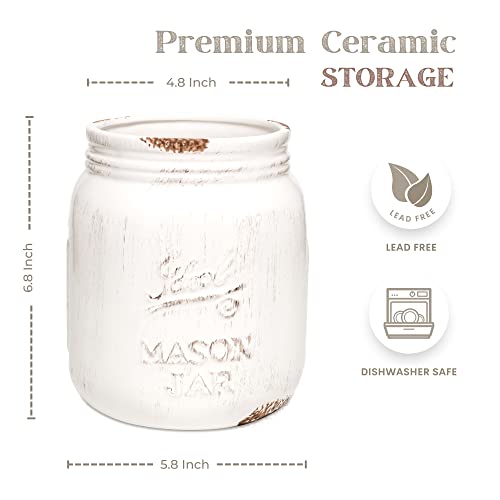 MosJos Kitchen Utensil Holder - Mason Jar Ceramic Kitchenware Caddy for Farmhouse Kitchen Decor, Dishwasher Safe, Vintage Utensil Crock Countertop Organizer - Thumbnail 4
