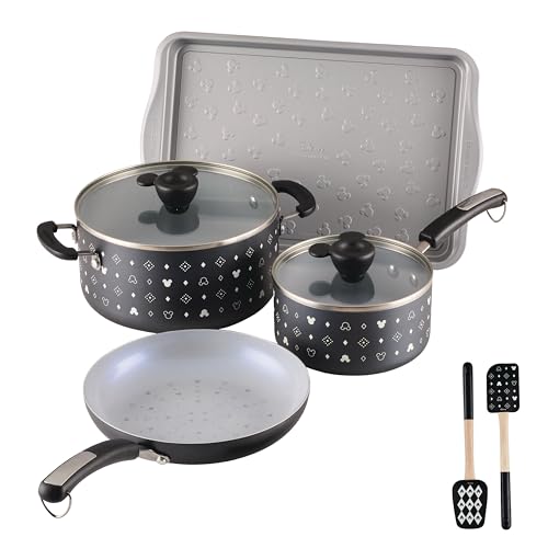 Farberware Disney Monochrome Ceramic Nonstick Cookware Pots and Pans with Baking/Bakeware Cookie Pan and Kitchen Cooking Tool Set, Dishwasher Safe, 8 Piece Cookware Set - Black - image 1