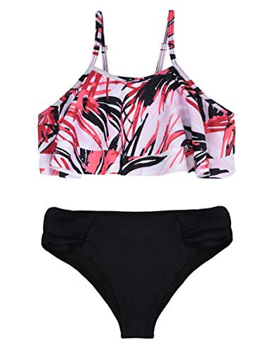 Hilor Girl's Bikini Set Flounce Two Piece Swimsuits Kids Monokini Bathing Suits Black&Red 8-9 Years #TOP7