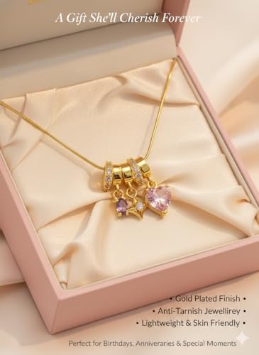 Image of Anti Tarnish Pendant Necklace for Women | Gold Plated Multi Stone Locket| 3 Stone Heart Charm Necklace