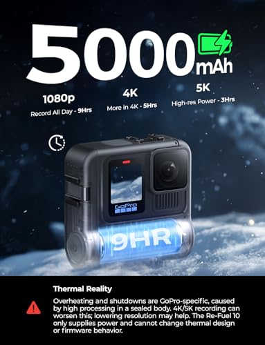 Image of Re-Fuel 9 Hour Action Pack Extended Battery for GoPro Hero 13 12 11 10 9 Black, Waterproof 33ft Dustproof Rechargeable Power Bank (6 Hours 4K Recording) Pass Through Power, All Weather Backup Battery