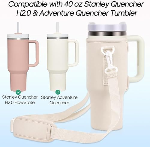Image of MTROYALDIA Water Bottle Carrier Bag with Pouch Compatible with Stanley 40oz Tumbler with Handle, Water Bottle Pouch for Stanley Quencher H2.0 Flow State, 40 oz Tumbler (new Beige)