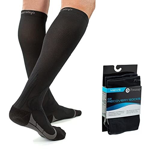 Powerstep Men's G2 Sock, 20-30mmHg Gradient Compression, Increase Circulation for Fast Recovery, Black, Large