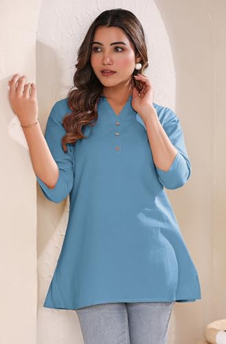 Image of Janasya Women's Light Blue Linen Cotton Solid A-line Top