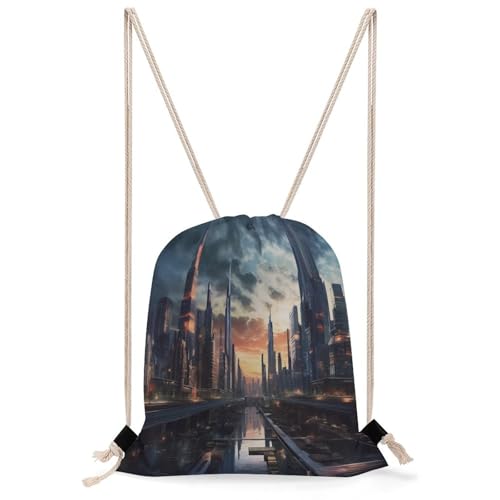 LZQPOEAS City Scape Lightweight Gym Drawstring Backpack with Cinch Closure Gym Sack for Sports, Travel & Daily Use
