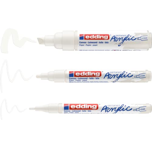 edding acrylic allround white set - white - 3 waterproof acrylic paint marker - fine, medium and broad nibs - acrylic paint pen for drawing on canvas, art paper and wood - acrylic markers for pebbles