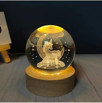 3D Kristal Cam Küre Ahşap Kaideli Gece Lambası - Unicorn