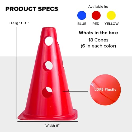 GSi 9\" Training Cones with Holes/Set of 18 / Create Adjustable Hurdles and Agility Circuits/Durable Sports Cones for Soccer, Kids, PE, and Multi-Sport Training -Red, Blue, Yellow