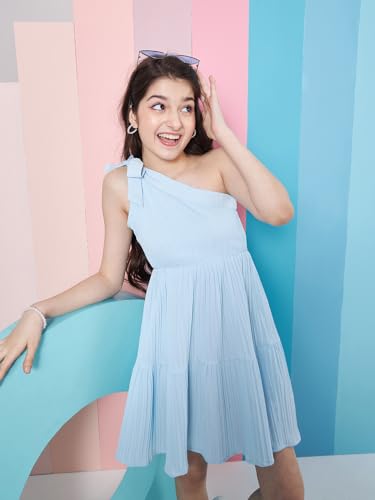Image of Pspeaches Chic Girl's Striped One Shoulder Crepe Fit & Flare Sku Blue Trendy Dress