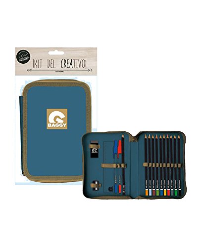 Baggy Plumier Estuche Azul y Camel con Material Escolar