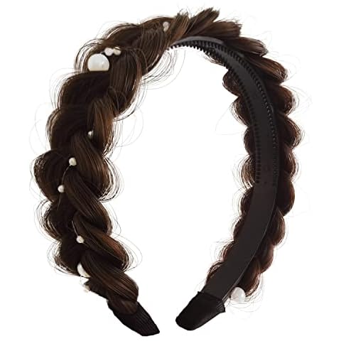 T-MILES New Handmade Braided Wig Headband With Pearl for Girls Toothed non-slip Braided Hairband Headgear for Women Cover