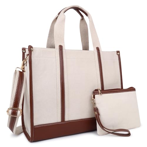 Womanix Canvas Laptop Tote Bag,14 inch Laptop Bag, Beige Tan Shoulder Bag, Casual Briefcase, Handbag for Travel, Office, College