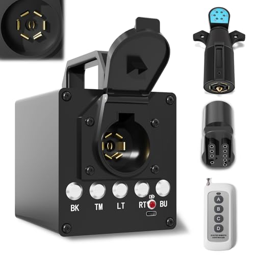 Portable Trailer Light Tester Box, Wireless Remote Control Operation, with 12V 10Ah Battery and 7 Pin Trailer Plug, 7-Way Flat (Spade) 3/4/5-Flat Pin Type, Testing Most Trailer Taillights