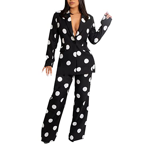 Women's Suiting 2 Piece Polka Dot Blazers Business Casual V-Neck Long Sleeve Blazer Jacket and Wide Leg Pants Set